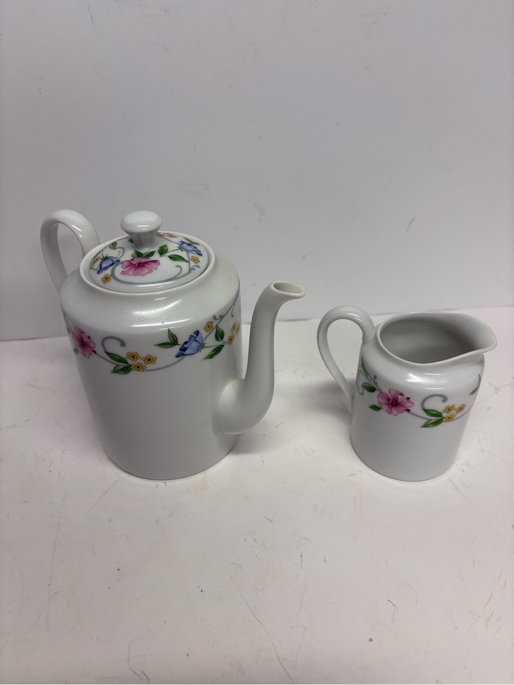 Vintage Limoges France Porcelain Floral Teapot and Creamer Set 2
